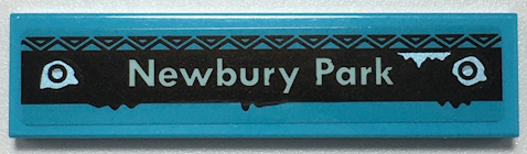 Lego Tile 1 x 4 with Light Aqua 'Newbury Park' and Metallic Light Blue Rivets on Black Rectangle with Triangles Border Pattern (Sticker) - Set 70427 / Medium Azure