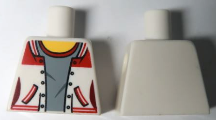 Lego Torso Female Jacket Open, Light Bluish Gray Shirt with Red Collar, Yellow Neck Pattern / White