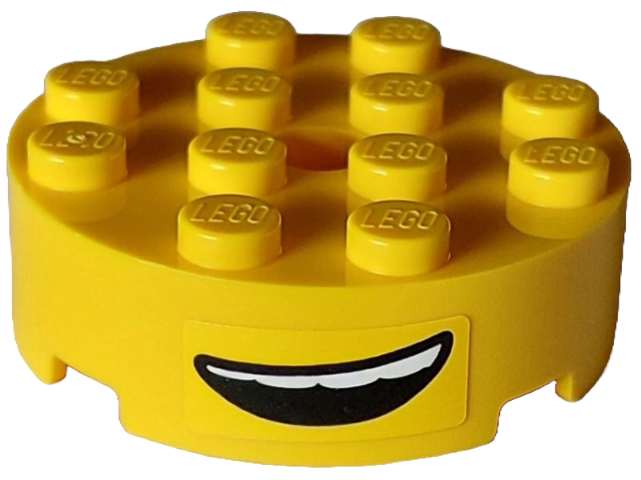 Lego Brick, Round 4 x 4 with Hole with Black Lopsided Open Mouth Smile with Top Teeth Pattern (Sticker) - Set 75582