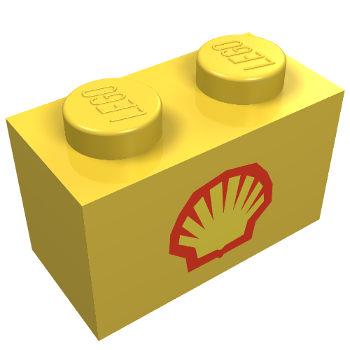 Lego Brick 1 x 2 with Shell Logo Small Print / Yellow