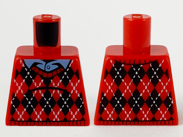Lego Torso Knit Argyle Sweater, Medium Blue Shirt Collar, Black Diamonds and White Stitching Pattern / Red