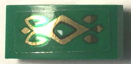 Lego Slope, Curved 2 x 1 x 2/3 with Green Jewel and Gold Scrollwork Pattern (Sticker) - Set 41194 / Green