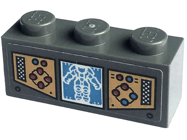 Lego Brick 1 x 3 with Gold Control Panels with Red and Dark Azure Buttons and Display with White Mech Pattern (Sticker) - Set 71775