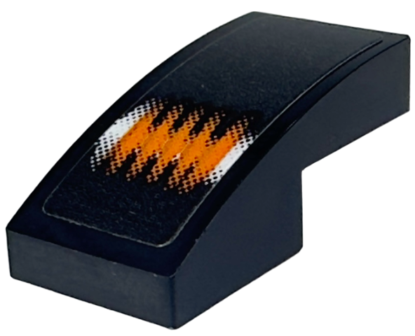 Lego Slope, Curved 2 x 1 x 2/3 with Orange and White Engine Pattern (Sticker) - Set 76918 / Black