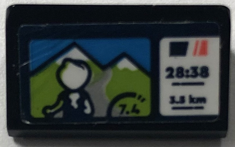 Lego Slope 30 1 x 2 x 2/3 with Treadmill Display Screen with Mountains, '7.4', '28:38' and '3.5 km' Pattern (Sticker) - Set 41744 / Black