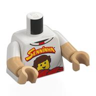 Lego Torso, Dual Molded Arms, Red/Yellow 'SENNINHA', Minifig Print, White Sleeves Pattern, Warm Tan Arms and Hands / White
