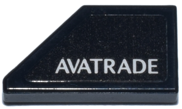 Lego Tile, Modified 1 x 2 Wedge Right with White 'AVATRADE' Logo Pattern (Sticker) - Set 76925 / Black