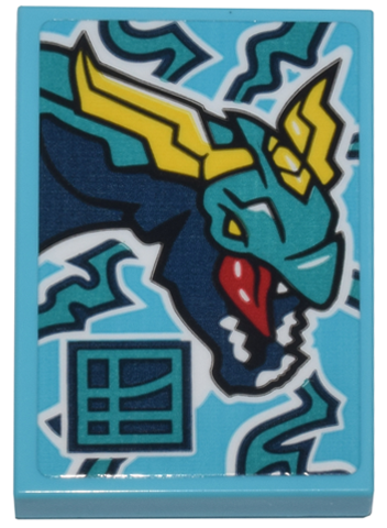 Lego Tile 2 x 3 with Dark Turquoise and Dark Blue Lloyd's Dragon with Yellow Horns and Ninjago Logogram Letter L in Square Pattern (Sticker) - Set 71799 / Medium Azure