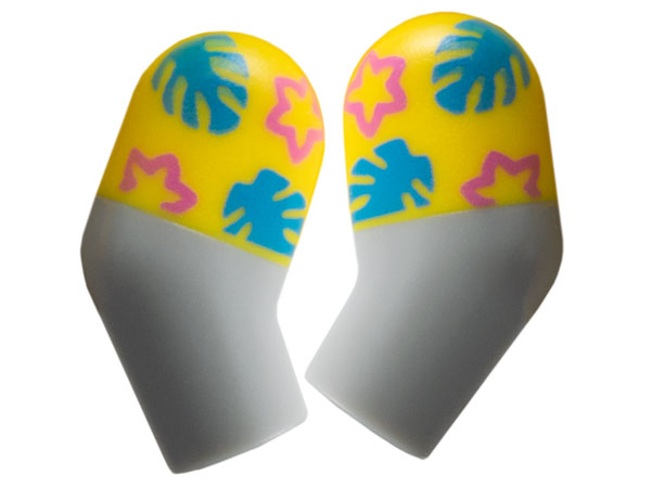 Lego Arm, (Matching Left and Right) Pair with Molded Yellow Short Sleeves and Printed Dark Azure Leaves and Dark Pink Stars Pattern / Light Bluish Gray