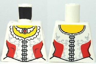 Lego Torso Female Corset with Ruffled Collar, Red Side Panels, and Light Bluish Gray Filigree, Necklace with Round Jewel, Yellow Neck Pattern / White