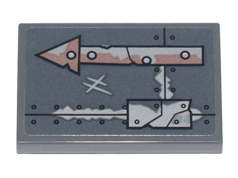 Lego Tile 2 x 3 with Copper and Silver Arrow, Metal Plates, Seams, Rivets and Dirt Pattern (Sticker) - Set 70840