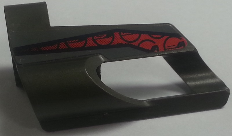 Lego Technic, Panel Fairing # 6 Small Short, Large Hole, Side B with Red and Black Pattern (Sticker) - Set 8354 / Pearl Dark Gray