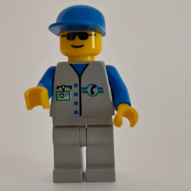 Lego Repairman, Light Gray Vest with Phone Logo and ID Badge, Blue Cap, Sunglasses