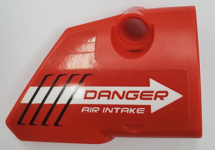 Lego Technic, Panel Fairing # 2 Small Smooth Short, Side B with 'DANGER AIR INTAKE' and White Arrow Pattern (Sticker) - Set 42076 / Red