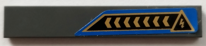 Lego Tile 1 x 6 with Gold Chevrons and Electricity Danger Triangle on Black and Blue Background Pattern Model Left Side (Sticker) - Set 70731 / Dark Bluish Gray