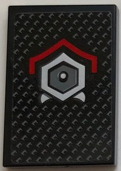 Lego Tile 2 x 3 with Silver Hexagon with Dot in Middle and Red Angled Line Pattern (Sticker) - Set 70669 / Black