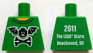 Lego Torso Black Bat Minifigure Head with Wings and Crossbones, Yellow Neck, '2011 The LEGO Store Beachwood, OH' on Back Pattern / Green