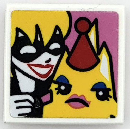 Lego Tile, Modified 2 x 2 Inverted with Yellow Kryptomite Wearing Red Party Hat and Harley Quinn with Lipstick Pattern (Sticker) – Set 41236 / White