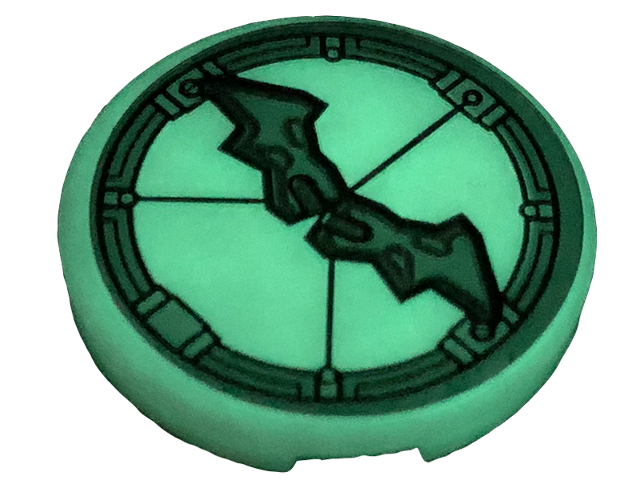 Lego Tile, Round 3 x 3 with Silver Batman Wings and Dark Bluish Gray Frame Pattern (Sticker) - Set 76179 / Glow in Dark White