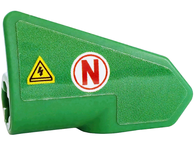 Lego Technic, Panel Fairing # 7 Very Small Smooth Short, Side A with Yellow Electricity Danger Triangle and Red Capital Letter N in White Circle Pattern (Sticker) - Set 42240 / Green