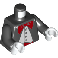 Lego Torso Jacket, Open over White Vest, Red Bow Tie and Belt Print, Black Arms, White Hands