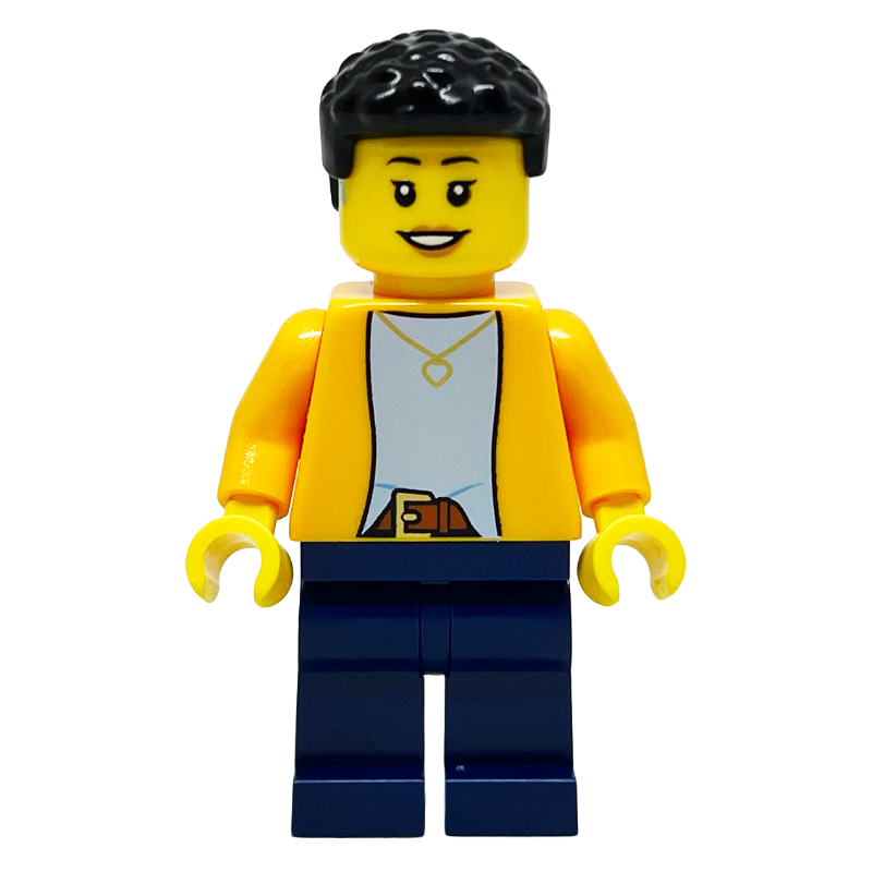 Lego Bright Orange Torso, Dark Blue Legs, Black Hair, Hearing Aid
