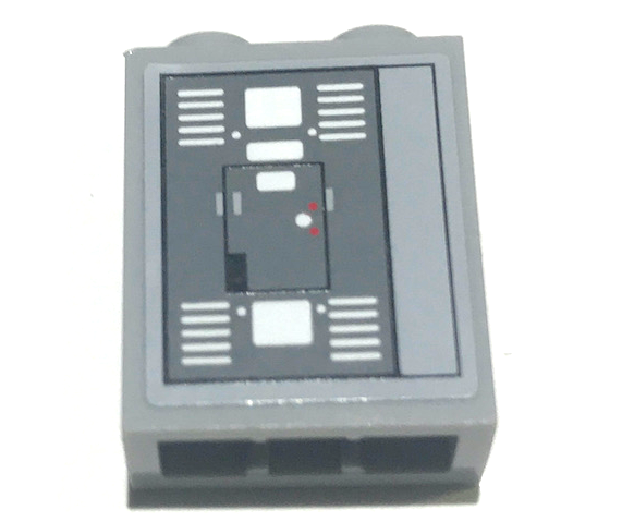 Lego Brick 1 x 2 x 2 with Inside Stud Holder with SW Control Panel and White Stripes Pattern Model Left Side (Sticker) - Set 10221 / Light Bluish Gray