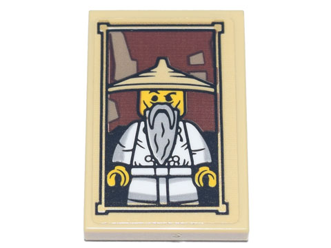 Lego Tile 2 x 3 with Framed Picture Minifigure with White Robe, Light Bluish Gray Beard and Tan Conical Hat (Yang / Wu) Pattern (Sticker) - Set 71741 / Tan