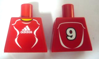 Lego Torso Soccer Uniform Red Shirt with White Adidas Logo, Curved Lines and Number 9 on Back, Yellow Neck Pattern (Stickers) / Red