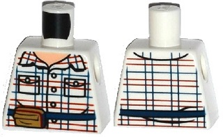 Lego Torso Red and Blue Box Striped Shirt, Open Collar, Dark Blue Belt with Pouch Pattern / White