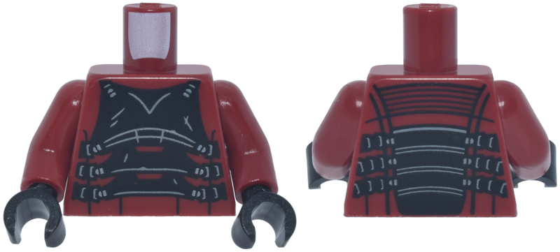Lego Torso Black Armor with Straps and Silver Buckles, Light Bluish Gray Trim Pattern / Dark Red Arms / Black Hands