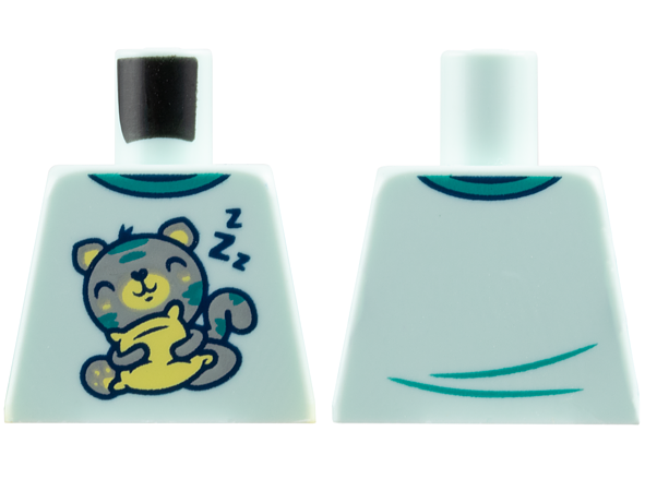 Lego Torso Pajama Shirt with Dark Turquoise Collar, Light Bluish Gray Sleeping Cat with Bright Light Yellow Pillow, Dark Blue 'ZZZ' Pattern / Light Aqua
