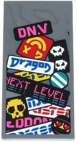 Lego Tile 2 x 4 with Dark Pink 'DN.V' and 'NEXT LEVEL', Blue 'Dragon', Yellow Skull, Faces, Stripes and Partial Text Pattern (Sticker) - Set 71710 / Dark Bluish Gray