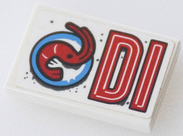 Lego Tile 2 x 3 with Red 'DI' (DInER Left Half) and Shrimp on Plate Pattern Model Right Side (Sticker) - Set 70422