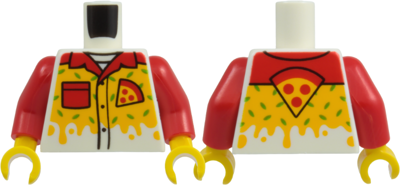 Lego Torso Shirt with Red Collar and Pocket, Black Buttons, Pepperoni Pizza Slice, Bright Light Orange Cheese Drips, and Bright Green Marks Pattern / Red Arms / Yellow Hands