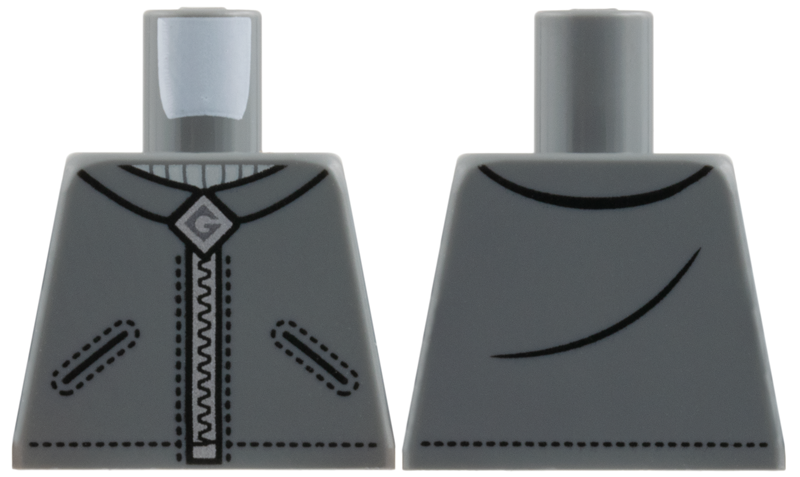 Lego Torso Jacket with Black Pockets, Creases and Stitching, Light Bluish Gray Neck, Silver Zipper and Gru Logo Pattern / Dark Bluish Gray