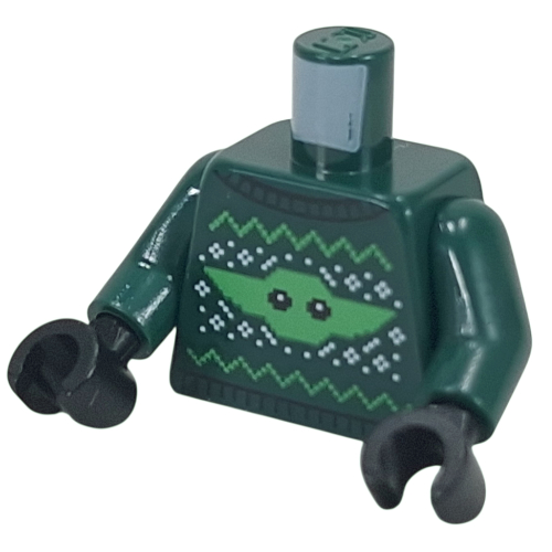 Lego Torso, Christmas Sweater, White/Bright Green Decorations, Grogu Face Print, Dark Green Arms, Black Hands