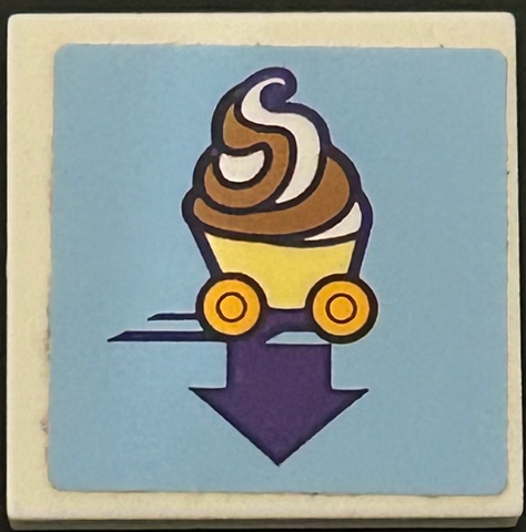 Lego Tile 2 x 2 with Frozen Yogurt Swirls in Cup with Wheels and Dark Purple Down Arrow on Bright Light Blue Background Pattern (Sticker) - Set 41320 / White