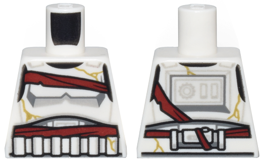 Lego Torso SW Armor Stormtrooper, Simplified Armor with Shoulder Belts, Dark Red Bandages Around Chest and Stomach, Gold Cracks Pattern / White
