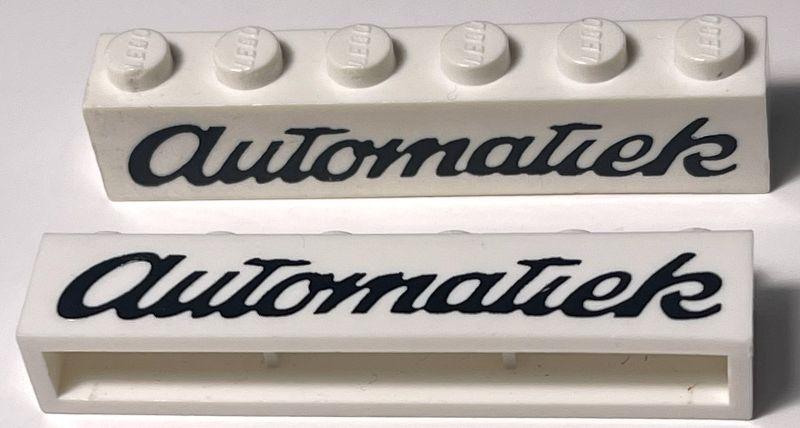 Lego Brick 1 x 6 without Bottom Tubes with Cross Side Supports with Black 'Automatiek' Script Pattern