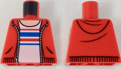 Lego Torso Hoodie with Zipper, Light Nougat Neck, White Shirt with Red and Blue Stripes Pattern / Red