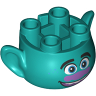 Lego Minifig Head Special, with Ears and 4 Studs on Top, with Face with Medium Lavender Nose and Open Mouth Smile Print (Branch) / Dark Turquoise
