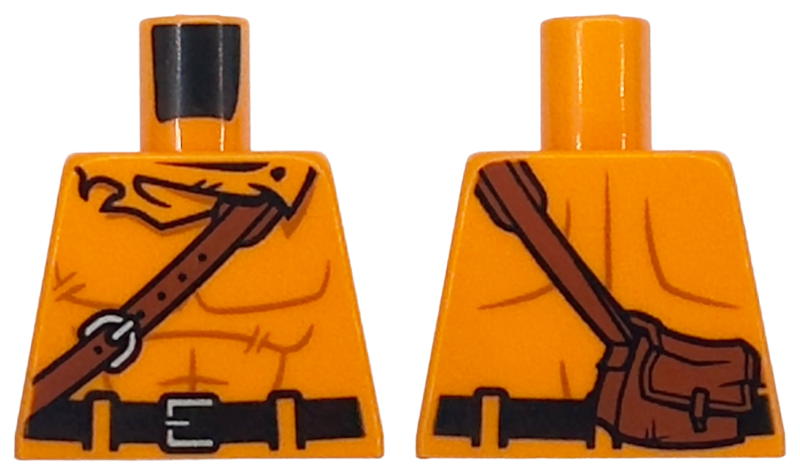 Lego Torso with Muscles Outline, Black Belt, Reddish Brown Shoulder Bag, Silver Buckles Pattern / Orange