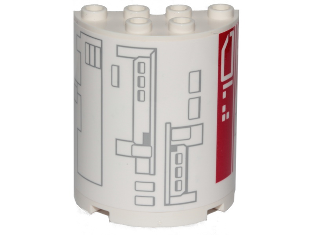 Lego Cylinder Half 2 x 4 x 4 with Light Bluish Gray and Red Mechanical Rectangles on White Background Pattern Model Right Side (Sticker) - Set 75249 / White