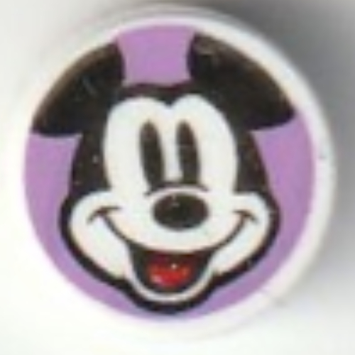 Lego Tile Round 1 x 1 with Mickey Mouse, Open Mouth Smile on Lavender Background Print / White