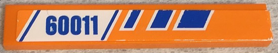 Lego Tile 1 x 6 with Blue Stripes and '60011' on White and Orange Background Pattern Model Right Side (Sticker) - Set 60011 / Orange