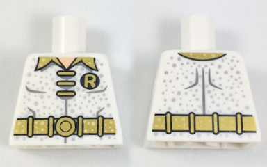 Lego Torso Batman 'R' Symbol, 3 Gold Clasps and Collar and Belt and Silver Dots Pattern / White