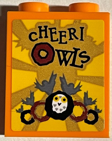 Lego Brick 1 x 2 x 2 with Inside Stud Holder with 'CHEERI OWLS' and Rings on Gold and Yellow Sunburst Background Pattern (Sticker) - Set 76389