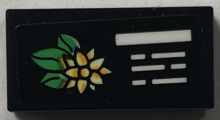 Lego Tile 1 x 2 with Plant Information Sign with White Lines, Bright Light Orange and Green Plumeria Flower Pattern (Sticker) - Set 41757 / Black