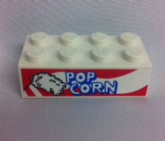 Lego Brick 2 x 4 with Popcorn with 2 White Stripes on Bag Pattern both sides (Stickers) - Set 10041 / White